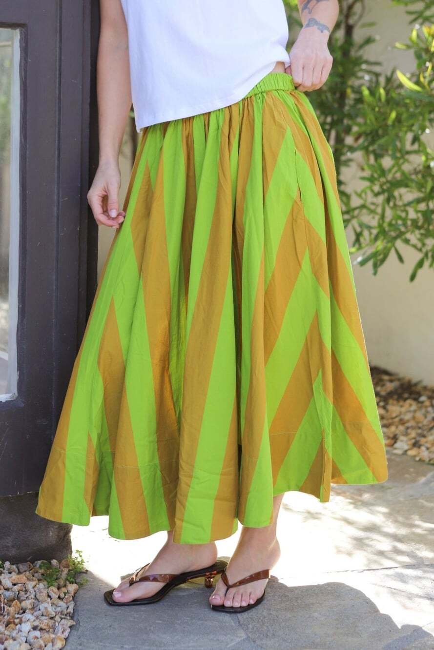 Free People Lime Green & Mustard Striped Maxi Skirt